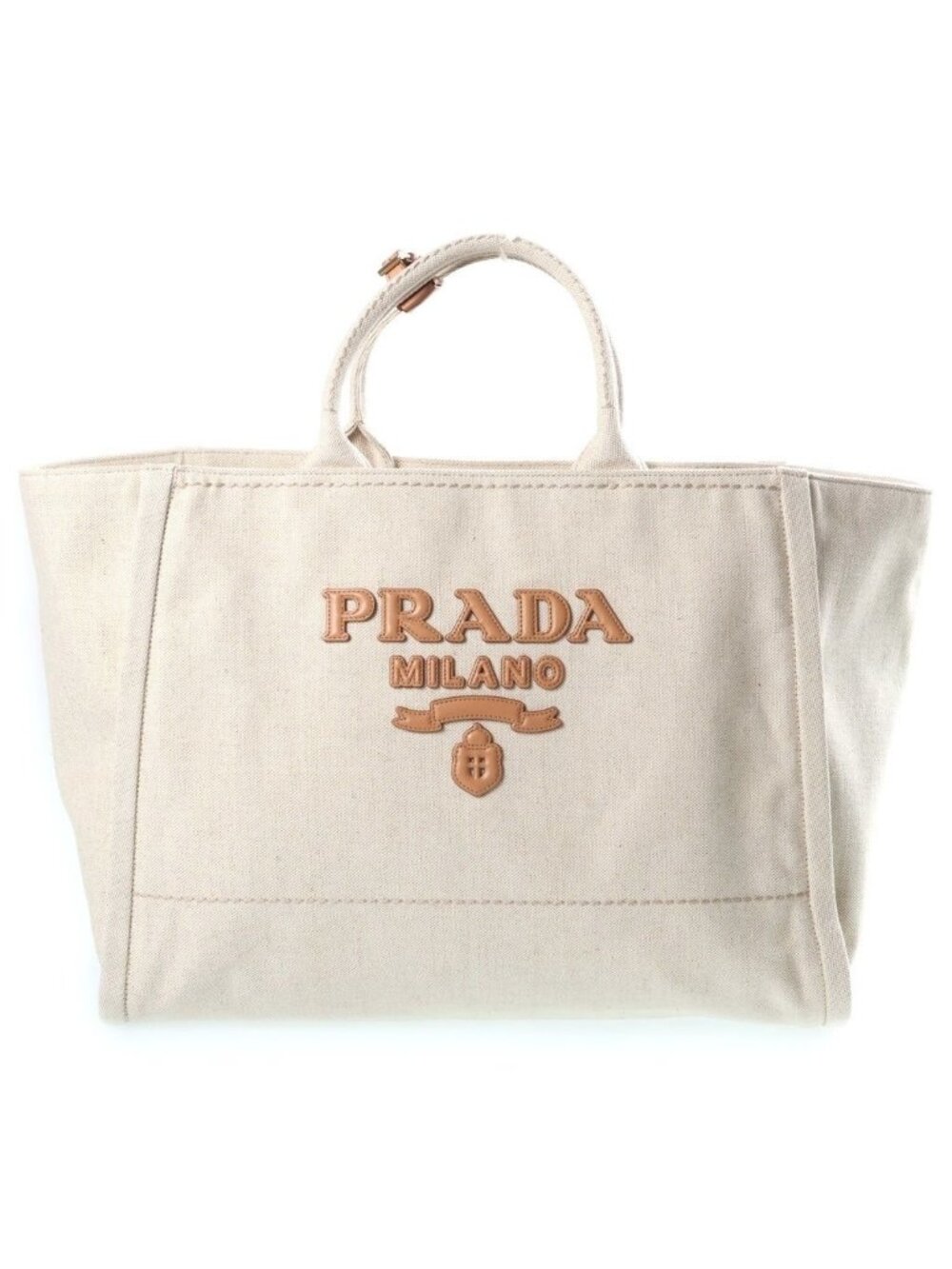 Prada Jardiniere Linen Blend Tote Bag Ivory Leather Gold